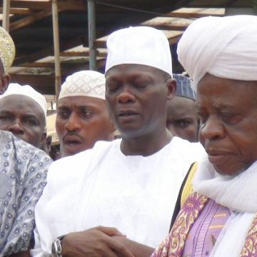 Senator Teslim Folarin (second right) together with Islamic clerics at his mother's burial in Ibadan recently.