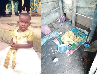 Precious Michael at the police station, on Thursday. and The place where she was caged. PHOTOS: Hakeem Gbadamosi