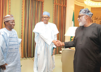 President Muhammadu Buhari receiving Plateau State governor, Mr Simon Lalong (right) and  the All Progressives Congress (APC) gubernatorial candidate for Ondo State, Rotimi Akeredolu, at the State House, on Monday.