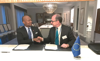 Kennedy Uzoka, Group Managing Director/CEO UBA PLC (left) and Ambrose Fayolle, Vice President of the European Investment Bank  during the agreement signing ceremony for 60 million euros facility from Europe International Bank (EIB) for on-lending to Nigerian businesses, in Washington DC during the world bank IMF meetings at the weekend. 