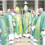 From left, Presbyter, Oke Afa Circuit, Very Rev Sesan Bamitale; Synod Secretary and Presbyter of Palm Avenue Circuit, Very Rev Opeyemi Awe; Bishop of Lagos West, Right Reverend Oluyemisi Ogunlere; Bishop of Ikeja, Right Reverend S.T. Victor Adegbite; Presbyter, Idimu Egbe Circuit, Very Rev Isaac O. Olajire; Presbyter, Odi Olowo Circuit, Very Reverend Tokunbo Bamgbose, at the tenth anniversary of Methodist Church Nigeria (MCN), Diocese of Lagos West.