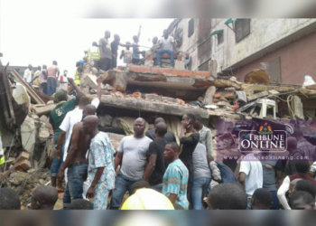 Scene of a collapsed building at No 3 Massey street Lagos Island on Tuesday in Lagos
