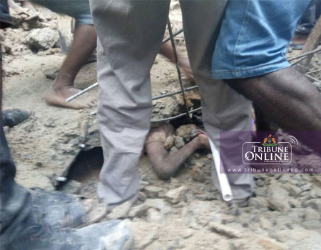 Scene of the collapse building at No 7 Saudi Okeleji street Meiran on Saturday in Lagos