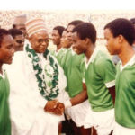 Flying Eagles 1983 captain Ali Jeje, introducing Paul Okoku to former President Shehu Shagari