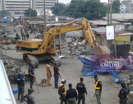 Scene of the event where Lagos State Task Force demolishes illegal shanties in Obalende on 29th July.