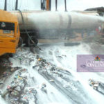 A tanker loaded with 33,000 litres of PMS lost control and skidded off the road discharging its content into drainage down to a canal at Tecno Filling Station Junction, Pleasure Bus Stop, Aboru Abeokuta Expressway on Saturday in Lagos.