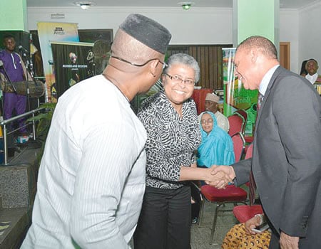 From left, Zambian Ambassador, H.E Dr Solomon Jere; president of Motherland Beckons, Dr Wanle Akinboboye, and the Senegalese Ambassador, H.E Dr Baboucar Sambe.