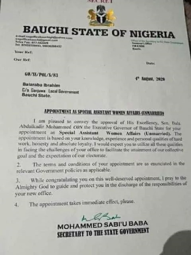 APPOINTMENT LETTER for Bauchi SA on Unmarried Women Affairs, APPOINTMENT LETTER, SA on Unmarried Women Affairs