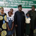 Education Specialist Officer, UNICEF Nigeria, Mrs Azuka Menkiti(2rd left); Deputy Executive Secretary (Services), UBEC, Dr Isiaka Kolawole(middle) and Executive Chairman of Lagos SUBEB, Mr Wahab Alawiye-King(2nd right) with some of the school girls from the South-west region at a consultative meeting in Lagos over low transition of girl-child from primary to junior secondary schools in Nigeria.