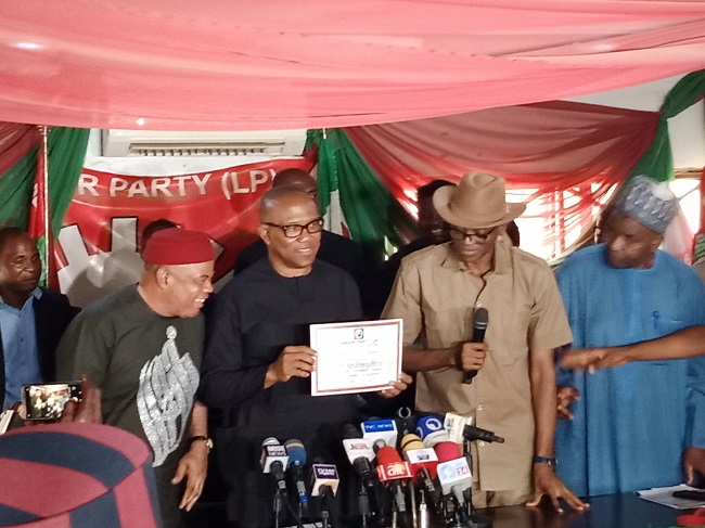 Labour party presents certificate, Nigerian Labour Congress (NLC) has presented the certificate of return to its presidential candidate, Mr Peter Obi.,