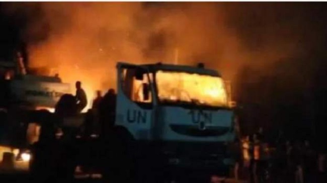 UN lorry burnt ,