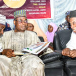 The Deputy National Chairman (North) All Progressives Congress (APC), Sen. Abubakar Kyari, the celebrant and a former Executive Vice Chairman /Chief Executive of the National Agency for Science and Engineering Infrastructure (NASENI), Prof. Mohammed Sani Haruna(with an award plaque), the National Chairman of APC, Sen. Abdullahi Adamu and the Representative of Governor of Nasarawa State/Secretary to the state Government, Ubandoma Aliyu during the reception in honour of Prof. Haruna at New Keffi Hotel in Nasarawa State Saturday.