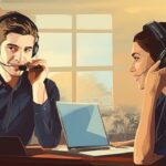 A man and woman making calls