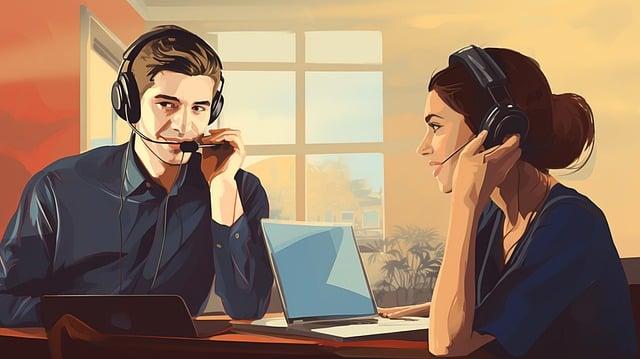 A man and woman making calls