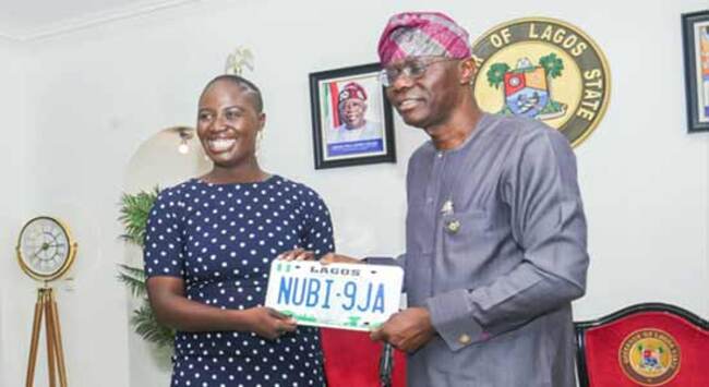 Sanwo-Olu receives Pelumi Nubi, solo traveller from UK to Nigeria
