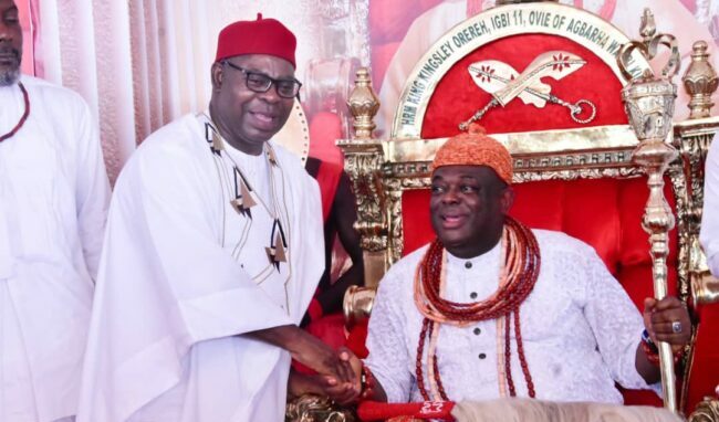 Gov Oborevwori presents staff of office to Agbarha-Warri monarch