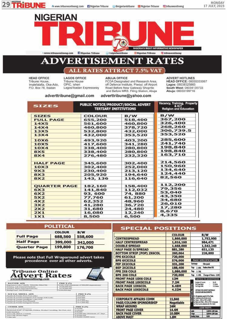Tribune Advert rate