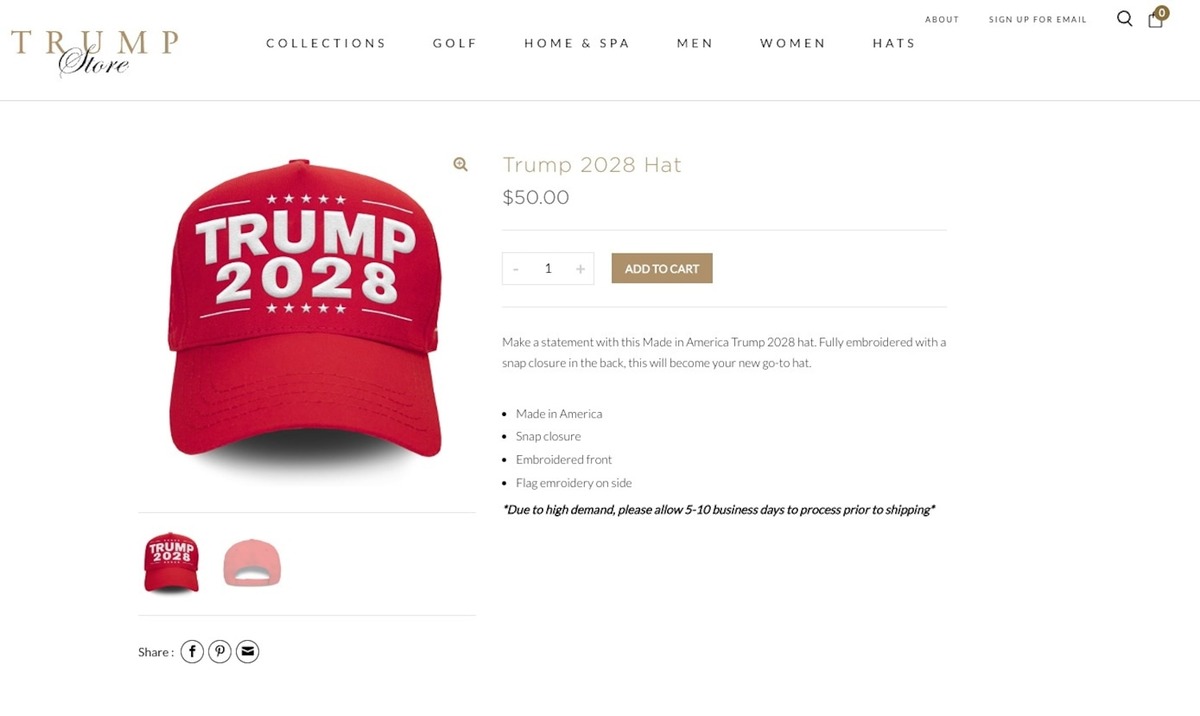 Third term: Trump store sells 'Trump 2028' hat for $50