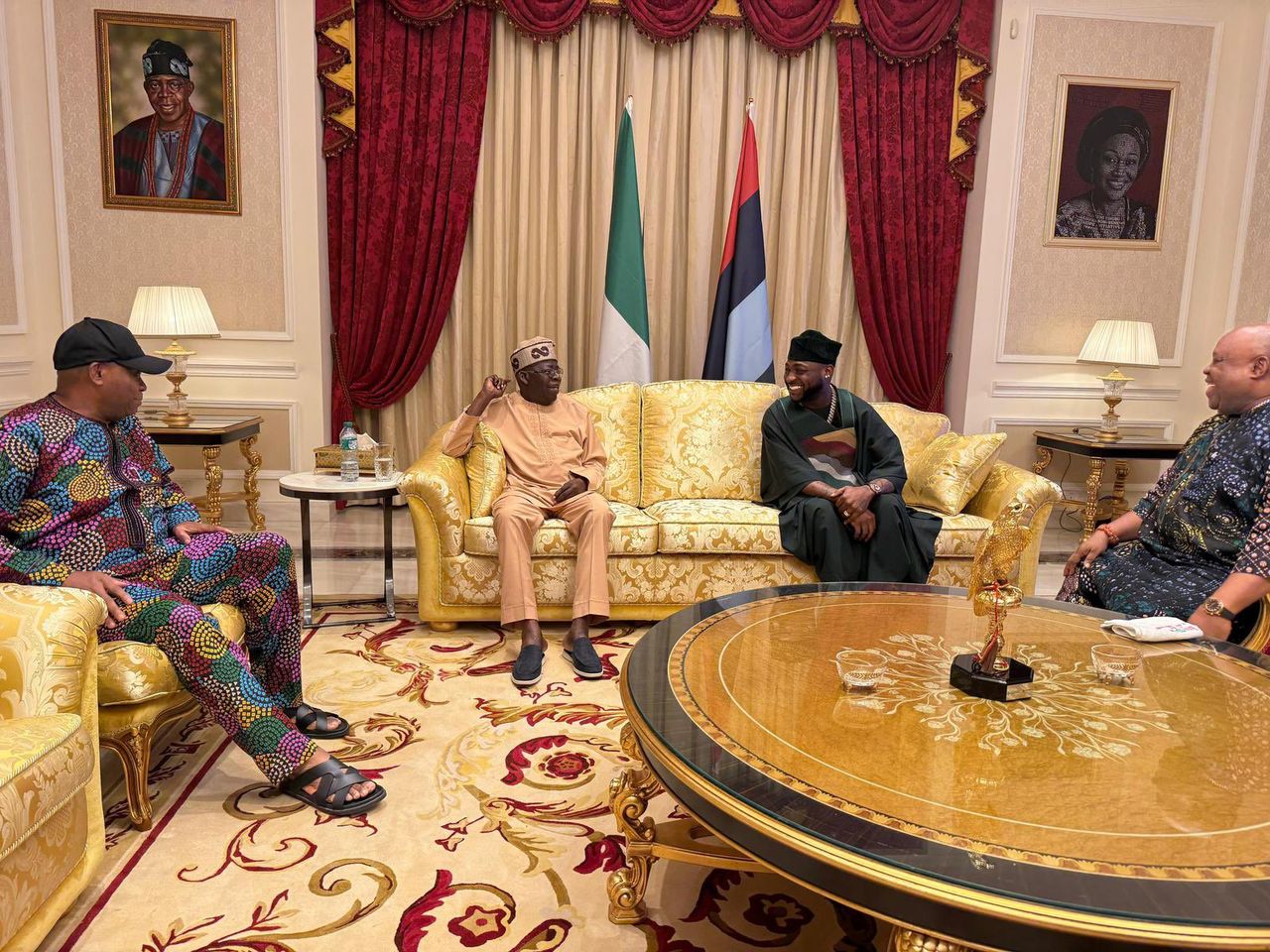 A picture of President Tinubu, Davido, Osun State governor, Ademola Adeleke; and his brother, Dr. Deji Adeleke,