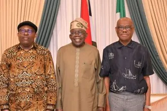 Fubara and Wike during Rivers peace agreement with Tinubu