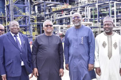 ECOWAS Commissioner, Sédiko Douka; President/ CE, Dangote Industries Ltd; Aliko Dangote; President of the ECOWAS Commission; H. E. Dr. Omar Aliau Touray; ECOWAS Commissioner for Internal Affairs; Prof. Nazifi Abdullahi Darma;; During President of the ECOWAS Commission and His Team Visit to Dangote Petroleum Refinery and Fertiliser Plant in Lekki, Lagos on Thursday,; 