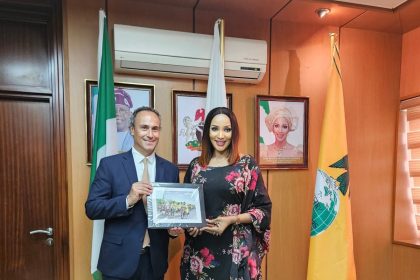 Minister of State for Foreign Affairs, Ambassador Bianca Odumegwu-Ojukwu and the French Ambassador to Nigeria, Marc Fonbaustier, at the Tafawa Balewa House, Ministry of Foreign Affairs, Abuja.