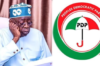 President Bola Ahmed Tinubu and the logo of the opposition PDP