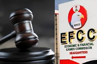 Signpost of the Economic and Financial Crime Commission (EFCC) and Court gavel,
