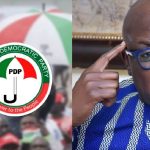 Ayodele Fayose and the PDP logo,