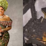 Nollywood actress, Iyabo Ojo alongside a picture of a lagos office in ruins