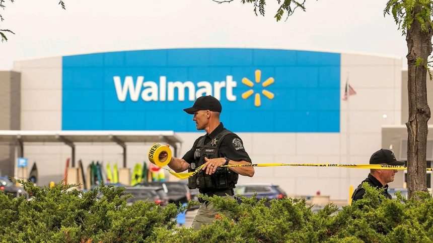Scene of stabbing incident at Michigan Walmart being demarcated by a Police officer