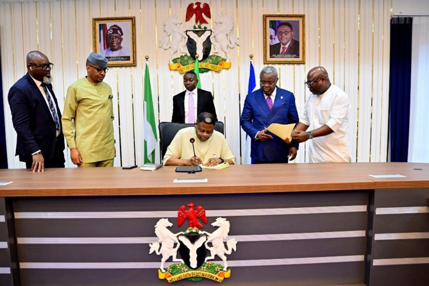 Cross River Governor, Bassey Otu, signing the MoU with Pana Holdings on solid minerals deposits in the state.