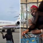 Davido and Chioma posing for picture after arriving in Miami for white wedding