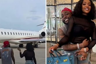 Davido and Chioma posing for picture after arriving in Miami for white wedding