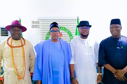 Bauchi State Governor, Sen Bala Abdulkadir Mohammed standing with two PDP leaders from Delta State