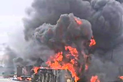 Scene of an incident involving a Tanker conveying 45,000 litres of Diesel which collided with a minibus and two Trailers resulting in a Fire outbreak along the Apapa-Oshodi Expressway on Sunday in Lagos.