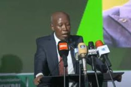 South African opposition leader, Julius Malema addressing participants at 2025 NBA conference, Enugu.