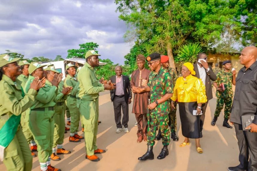 NYSC DG Brigadier General Olakunle Nafiu, talking to corp members