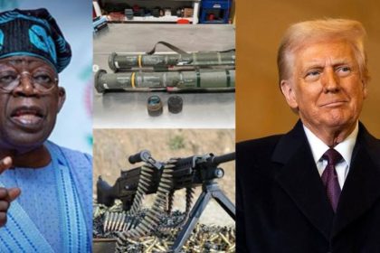 Nigeria's President,Bola Ahmed Tinubu and President Donald Trump pictured with US munitions