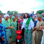 The Ondo State Commissioner for Women Affairs and Social Development, Dr. Seun Osamaye during the official distribution of economic empowerment tools to 500 women in Ondo
