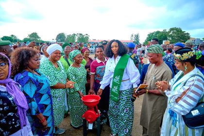 The Ondo State Commissioner for Women Affairs and Social Development, Dr. Seun Osamaye during the official distribution of economic empowerment tools to 500 women in Ondo