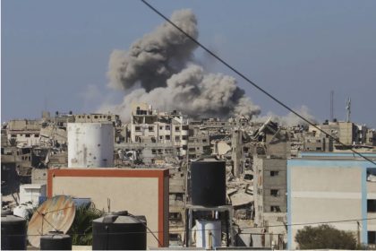 Smoke rises to the sky following an Israeli army airstrike in Khan Younis, in the Gaza Strip, Monday, Aug. 18, 2025.