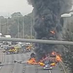The lorry caught fire on the anti-clockwise side of the M25 at around 12pm