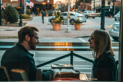 man and woman having a conversation
