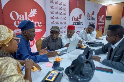 Chairman of the Senate press corps, Taiye Adewale and other stakeholders at a high-level capacity-building workshop organized by the Oak Centre in Abuja