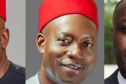 A collage of APC's Ukachukwu, Gov Soludo and LP's Moghalu