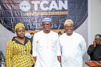 L-R: Representative of the Honourable Minister of Marine and Blue Economy, Dr. Mrs. Mercy Ilori; Chairman of Transportation Correspondents Association of Nigeria (TCAN), Tola Adenubi; and representative of the Honourable Minister of Transportation, Dr. Kayode Opeifa pose for photo session during the 2nd Annual Transport Summit held in Lagos on Wednesday