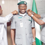 Wale Edun and the Comptroller-General of Customs, Bashir Adewale Adeniyi decorates Babatunde Olomu with new rank of Assistant Comptroller-General of Customs recently in Abuja