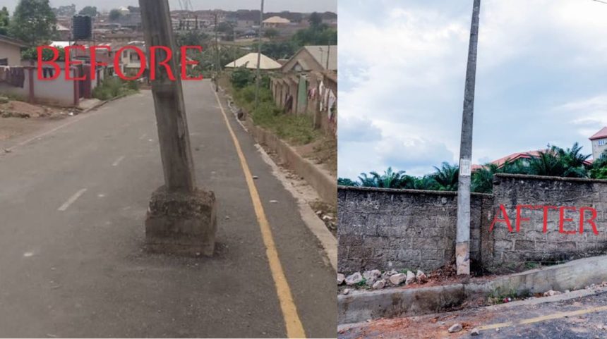 Electricity pole in the middle of a road in Osogbo, Osun State capital