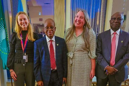 Minister of Marine and Blue Economy, Adegboyega Oyetola, CON (second left), Director-General, Nigerian Maritime Administration and Safety Agency (NIMASA), Dr. Dayo Mobereola (right) and some and African Permanent Representatives to the United Nations, when Oyetola led Nigeria’s International Maritime Organisation (IMO) campaign in New York, United States of America.